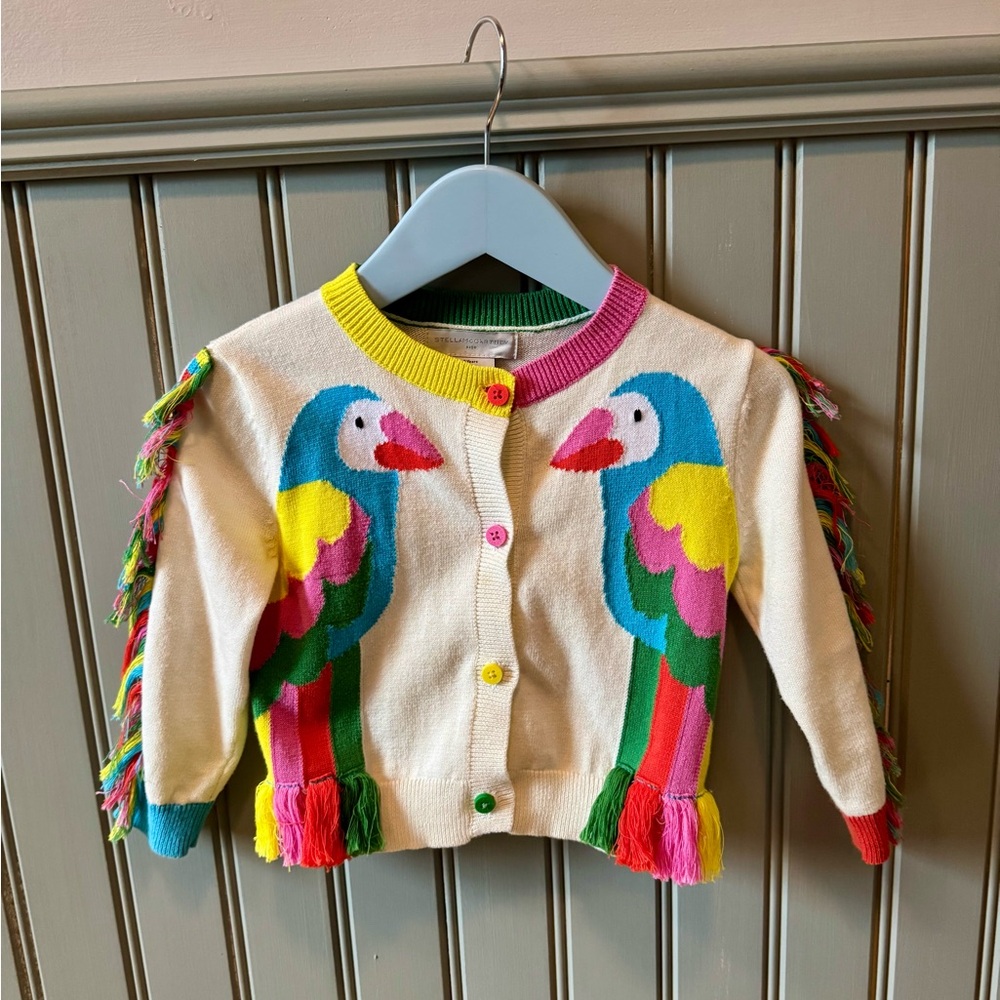 Stella McCartney Kids Green and Yellow Parrot Sweater with Fringe